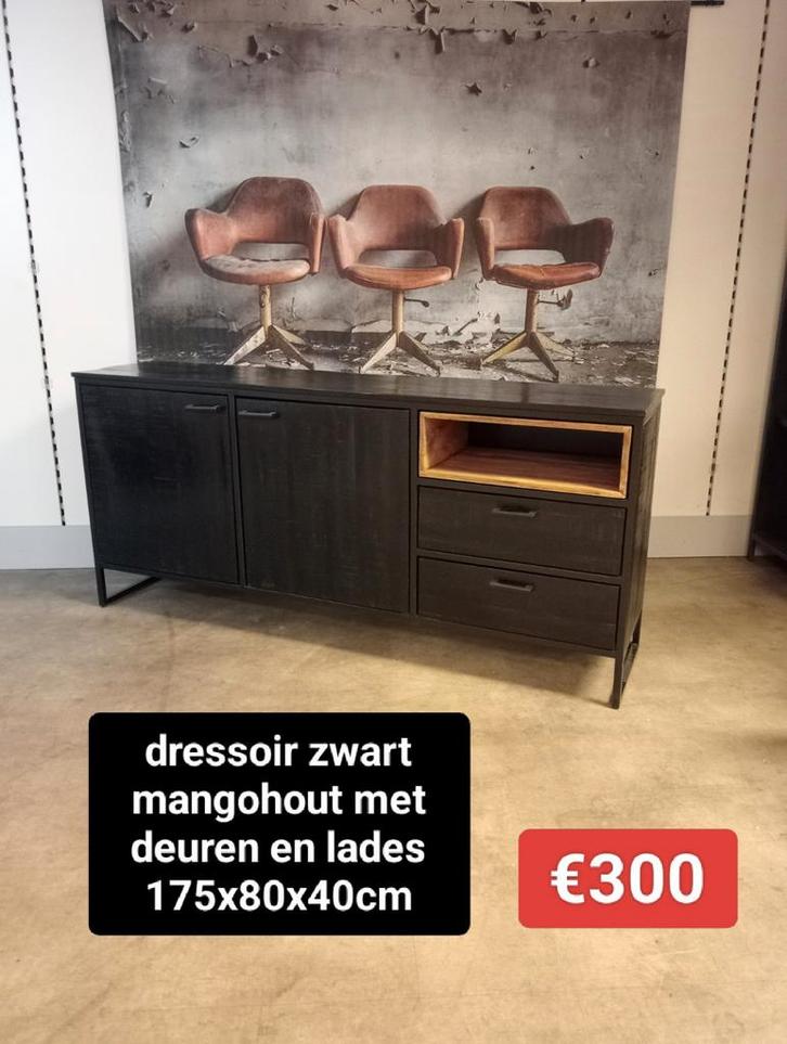 Nieuw dressoir zwart mangohout met deuren en lades 175cm, Huis en Inrichting, Kasten | Dressoirs, Nieuw, 150 tot 200 cm, 25 tot 50 cm