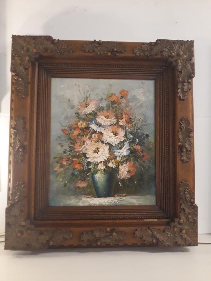 Bloemen stilleven in hand gestoken eiken lijst, Antiek en Kunst, Kunst | Schilderijen | Klassiek, Ophalen