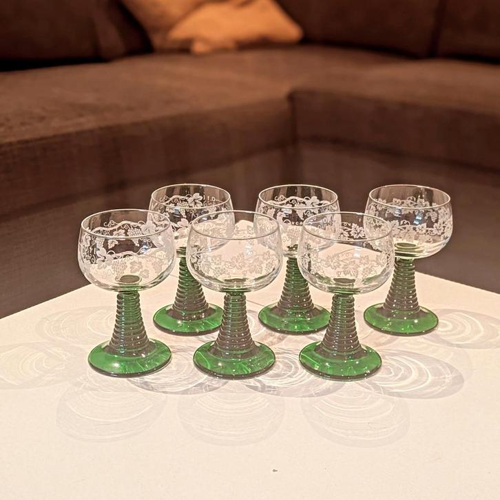 6 stuks Vintage Roemer Moezel – Wijnglazen met Groene voet, Antiek en Kunst, Antiek | Glas en Kristal, Ophalen of Verzenden