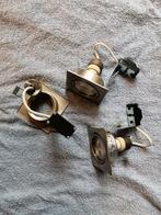 3 Inbouwspots GU10, 2 met Ledlamp, 30 tot 60 watt, Led-lamp, Gebruikt, Vierkant, geborsteld rvs