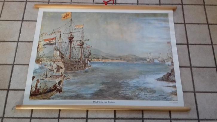 Schoolplaat: "Op de rede van Bantam", Antiek en Kunst, Antiek | Schoolplaten, Geschiedenis, Ophalen of Verzenden