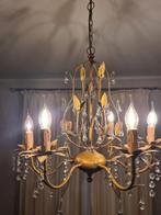 Goudkleurige kroonluchter met glazen pegels, Ophalen, Zo goed als nieuw, Metaal, Landelijk, brocant