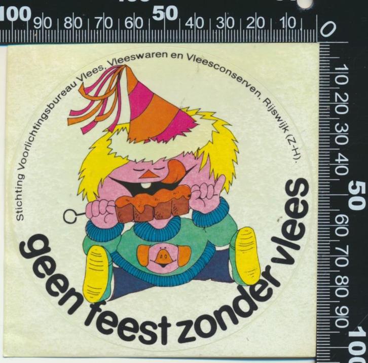 Sticker: Vlees - Geen feest zonder vlees (3), Verzamelen, Stickers, Zo goed als nieuw, Bedrijf of Vereniging, Ophalen of Verzenden
