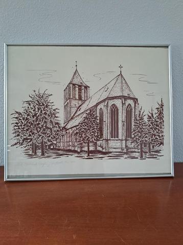 Tekening/Ets Ned Herv (grote) Kerk in Dalfsen van J Goutbeek