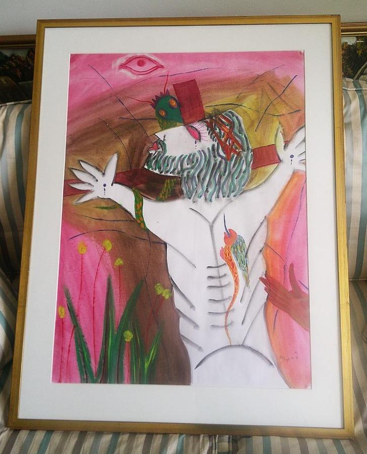 2) - Christus aan het kruis - Indonesië - gesigneerd en 1990, Antiek en Kunst, Kunst | Schilderijen | Klassiek, Ophalen