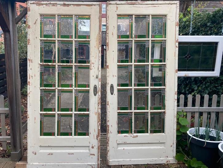 Jaren ‘30 glas in lood ensuite deuren, Doe-het-zelf en Verbouw, Deuren en Horren, Gebruikt, Overige typen, 200 tot 215 cm, Glas