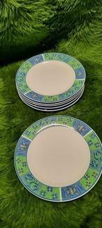 6 boterhambordjes met blauw groen gewerkte rand, Huis en Inrichting, Keuken | Servies, Bord(en), Overige stijlen, Gebruikt, Ophalen of Verzenden