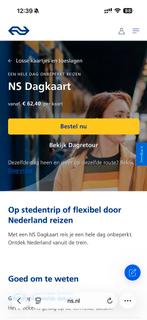 NS Dagkaart(E-ticket) - gehele dag reizen!, Tickets en Kaartjes, Eén persoon, Overige soorten