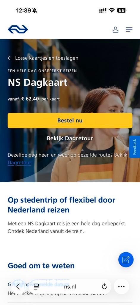 NS Dagkaart(E-ticket) - gehele dag reizen!, Tickets en Kaartjes, Kortingen en Cadeaubonnen, Eén persoon, Overige soorten
