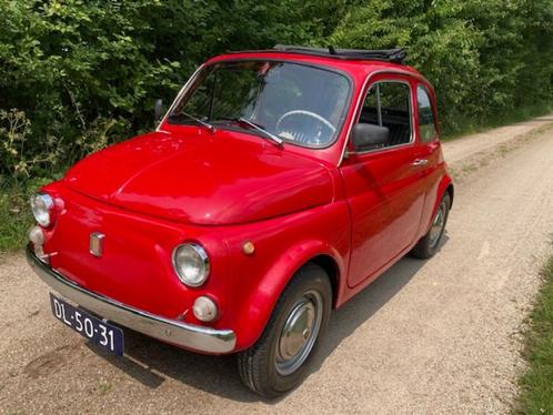 fiat 500 F 1966 synchrobak, Auto's, Oldtimers, Particulier, Fiat, Benzine, Cabriolet, Handgeschakeld, Rood, Zwart, Kunstmatig leder