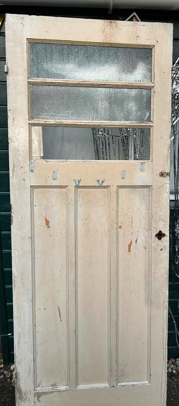 82,5 x 210,5 Jaren 30 stompe paneeldeur, 3 raampjes, 2x glas beschikbaar voor biedingen