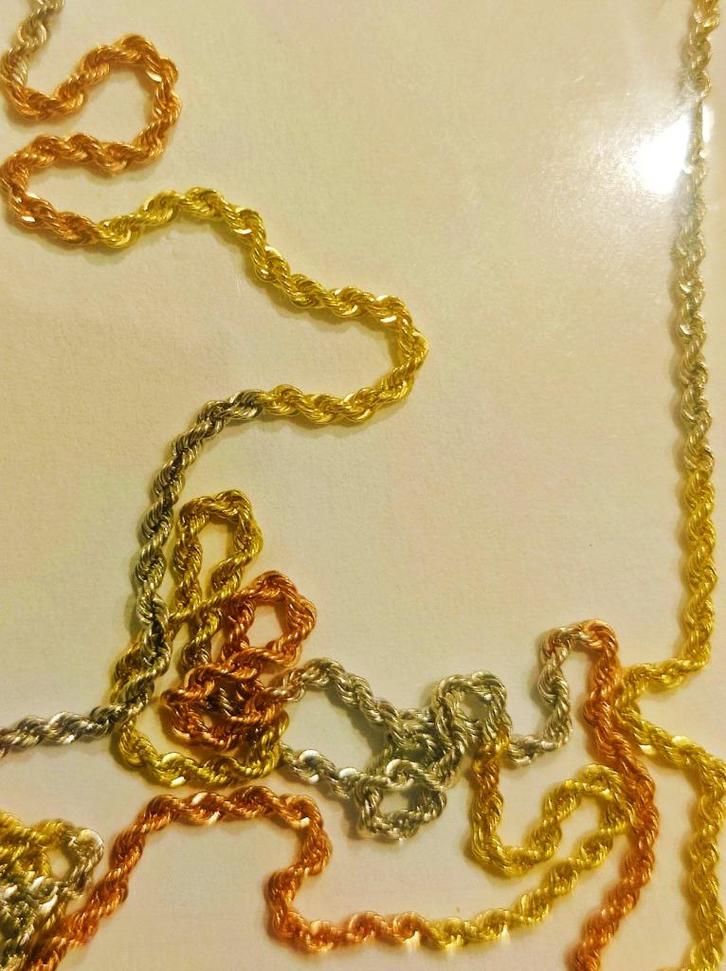 18 krt 3 kleuren volledig gouden rope halsketting 60cm, Sieraden, Tassen en Uiterlijk, Kettingen, Nieuw, Goud, Overige kleuren