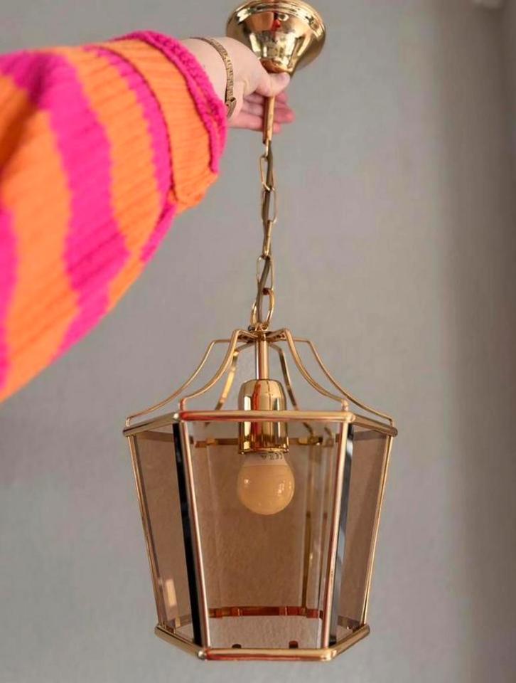Messing hanglamp met rookglas, Antiek en Kunst, Antiek | Lampen, Ophalen of Verzenden