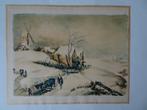 aquarel dorp in sneeuw met molen, paard en wagen, jaren 30, Verzenden
