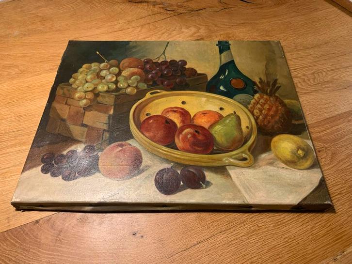 Stilleven met Fruit, Kaas en Fles - Olieverf, Antiek en Kunst, Kunst | Schilderijen | Klassiek, Ophalen of Verzenden