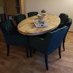 Eetkamer tafel manghout met 6 stoelen fluweel groen, Ophalen, Zo goed als nieuw, Landelijk, 4 tot 6 stoelen