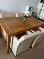 Teak houten eethoek met 4 stoelen met wieltjes, Ophalen, Zo goed als nieuw, 4 tot 6 stoelen