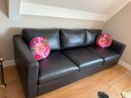 Zwart lederen bankstel, Huis en Inrichting, Banken | Bankstellen, Ophalen, Driepersoons, Zo goed als nieuw, Rechte bank