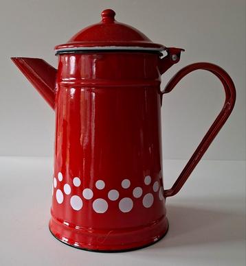 Vintage Rode Emaille Koffiekan met Witte Stippen. beschikbaar voor biedingen