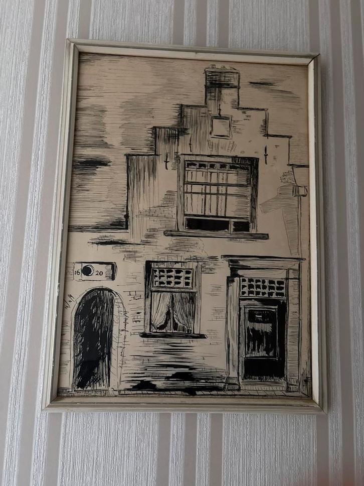 Oude Gevel Tekening Ingelijst, Antiek en Kunst, Kunst | Tekeningen en Foto's, Ophalen