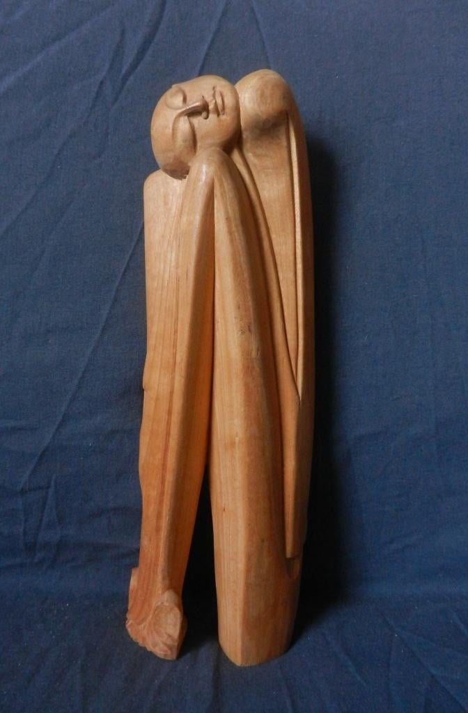 Houten sculptuur Gehurkte figuur Indonesie Bali h. 30,5 cm., Ophalen of Verzenden