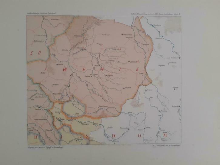 B046 / Plattegrond kerkelijke indeling Twente +/- 1550 litho, Antiek en Kunst, Kunst | Litho's en Zeefdrukken, Ophalen of Verzenden