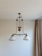 In hoogte verstelbare dubbele messing hanglamp, Huis en Inrichting, Lampen | Hanglampen, Gebruikt, 50 tot 75 cm, Ophalen, Glas