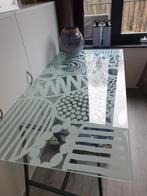 hardglazen bureautafel met print, Ophalen, Zo goed als nieuw, Bureau