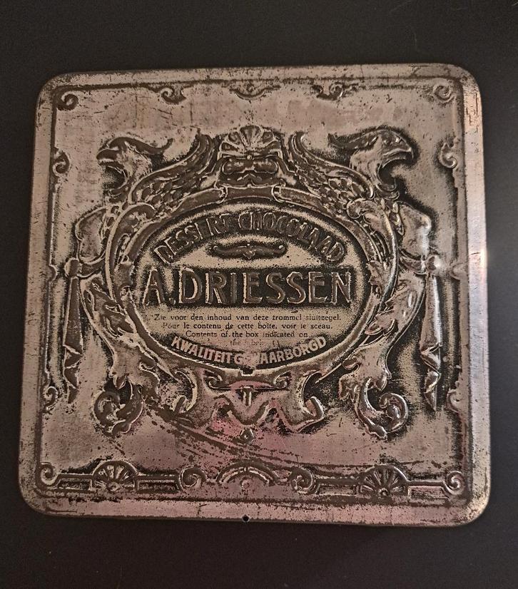 A. Driessen Dessert chocolaad, antiek blik, Verzamelen, Blikken, Gebruikt, Overige, Overige merken, Ophalen of Verzenden
