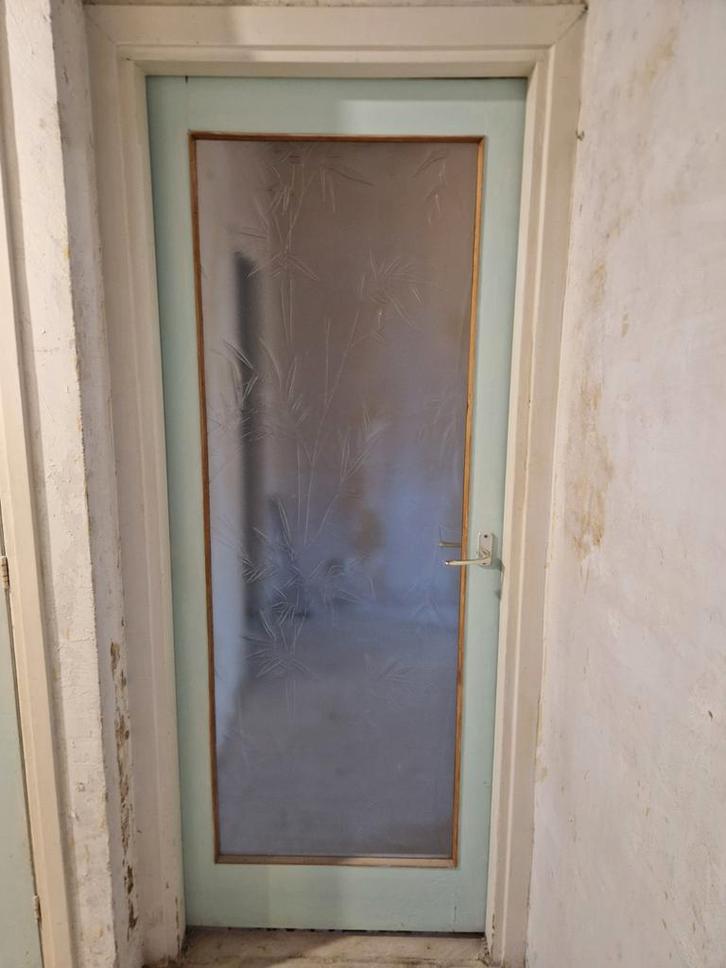 4 houten paneeldeuren met vintage figuurglas, Doe-het-zelf en Verbouw, Deuren en Horren, Gebruikt, Binnendeur, 200 tot 215 cm