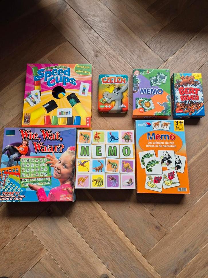 Spellenpakket: Speed Cups, Memory, Ezelen, Wie,Wat,Waar?, Hobby en Vrije tijd, Gezelschapsspellen | Bordspellen, Ophalen of Verzenden
