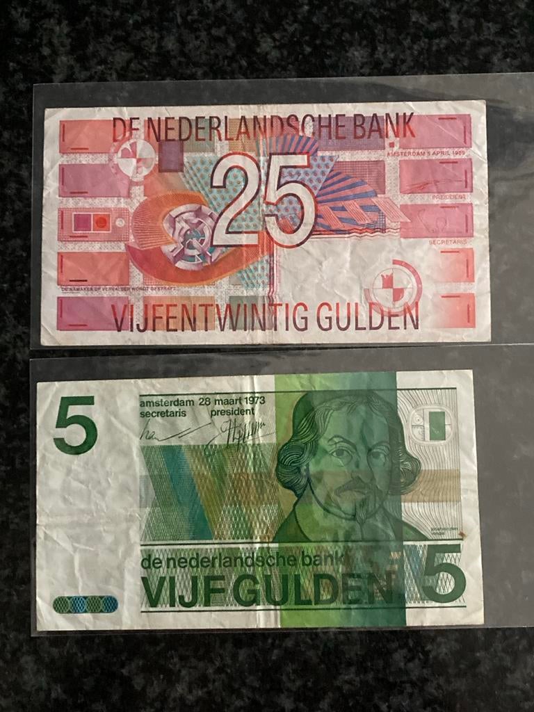 25 gulden 1989 & 5 gulden 1973, Postzegels en Munten, Bankbiljetten | Nederland, Ophalen of Verzenden, 25 gulden, Setje