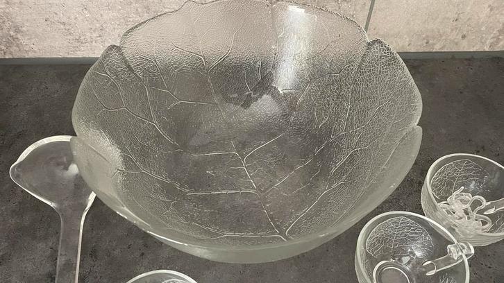 Glazen Bowlset met Kom, Lepel en 7 Kopjes, Antiek en Kunst, Antiek | Glas en Kristal, Ophalen of Verzenden