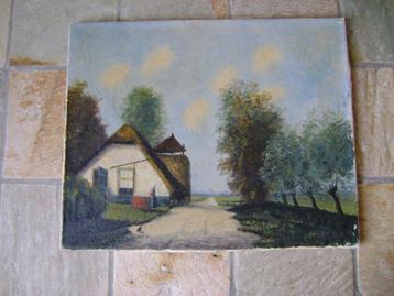 Oud schilderij  - Boerderij met landschap - 