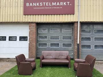 Bankstel senioren 2,5 zits  met 2 fauteuils bruin leer!Actie beschikbaar voor biedingen