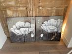 2 x schilderij met witte klaprozen. Mixed media. Grijs wit., Ophalen