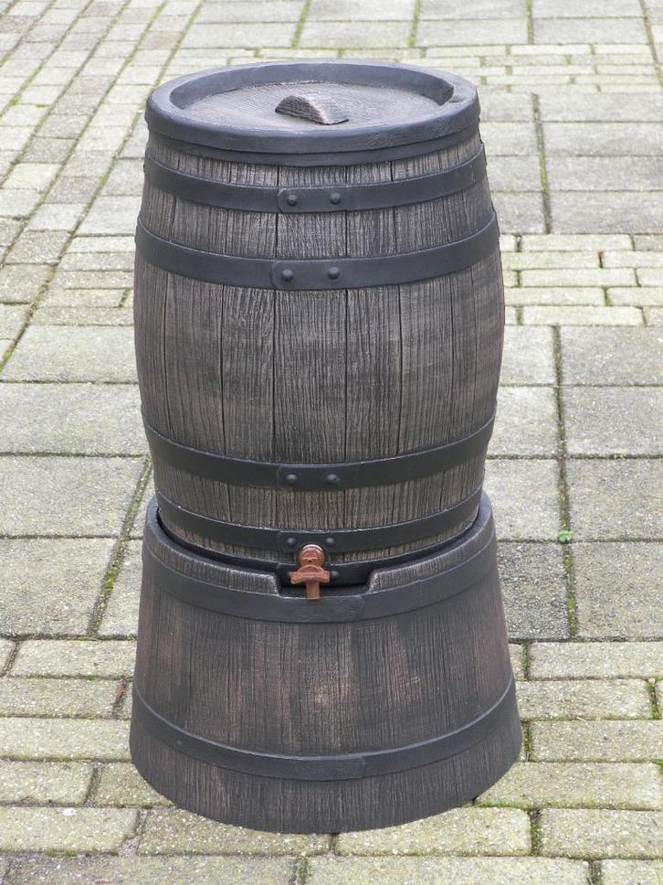 Regenton, kunststof 50 liter, houtlook, grijs en bruin., Tuin en Terras, Regentonnen, Nieuw, Kunststof, Minder dan 75 liter, Met kraantje