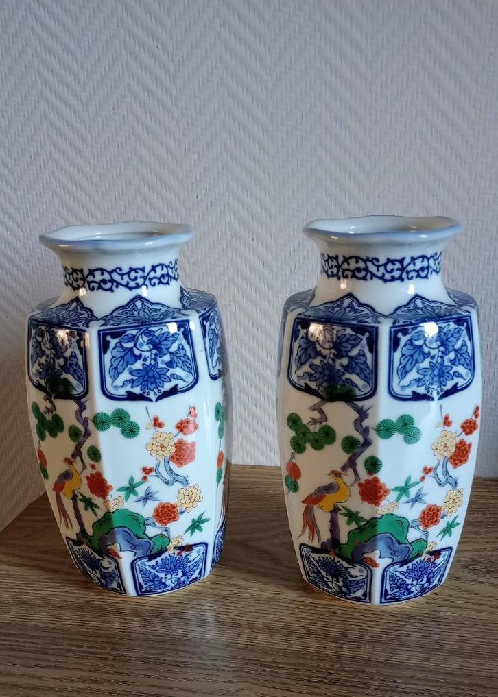 Set/2 Chinese fleurige vazen, met vogels en bloemen, vintage, Huis en Inrichting, Woonaccessoires | Vazen, Zo goed als nieuw, Overige kleuren