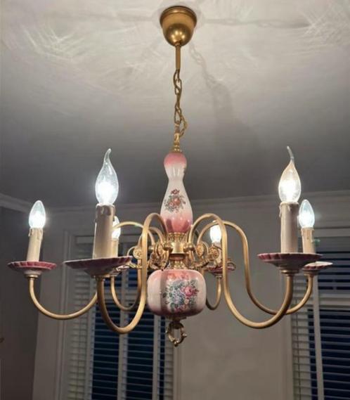 1940-1950 kroonluchter antiek italie Porselein roze bloemen, Antiek en Kunst, Antiek | Lampen, Ophalen of Verzenden