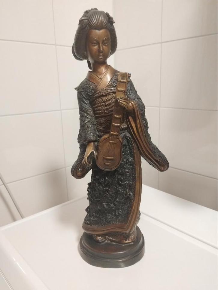 Antiek Japans bronzen geisha met shamisen, Antiek en Kunst, Antiek | Koper en Brons, Ophalen of Verzenden
