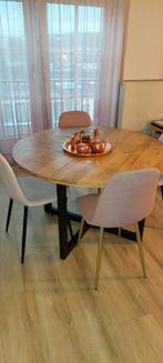 Ronde eettafel mangohout + 4 stoelen (verschillend), Huis en Inrichting, Tafels | Eettafels, Ophalen, Gebruikt, Rond, 100 tot 150 cm