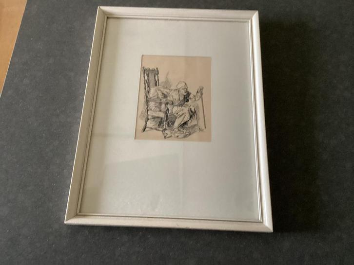 Oude man in stoel - Pentekening, Antiek en Kunst, Kunst | Tekeningen en Foto's, Ophalen