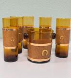 Antiek 1950 5 wisky glazen + ijsemmer amber leder hoefijzer, Antiek en Kunst, Ophalen of Verzenden