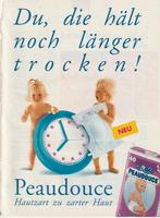 Retro reclame 1991 Peaudouce baby luiers nu nog langer droog, Verzenden, Overige typen