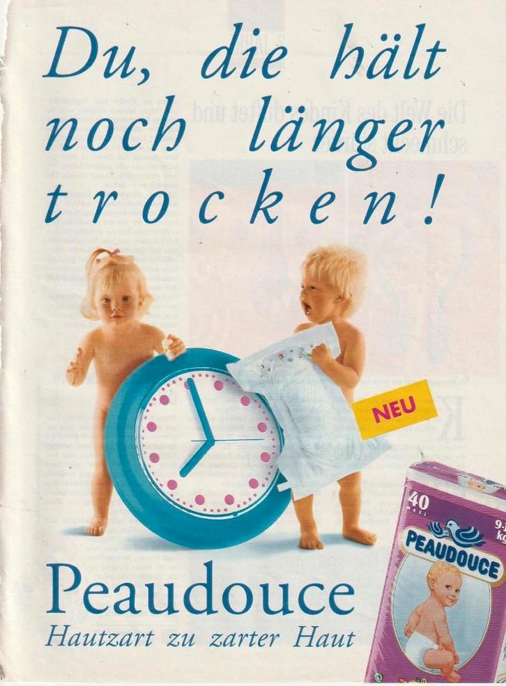 Retro reclame 1991 Peaudouce baby luiers nu nog langer droog, Verzamelen, Retro, Overige typen, Verzenden