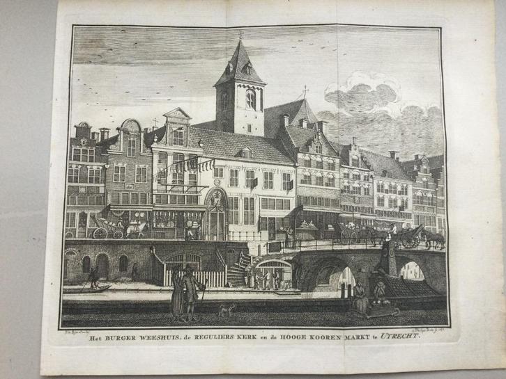 Utrecht, Oude Gracht, 3 gebouwen, 1750, Antiek en Kunst, Kunst | Etsen en Gravures, Verzenden