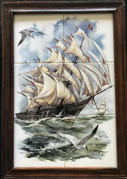 Tegeltableau Zeilschip – kleur - 2 x 3 tegels, Antiek en Kunst, Antiek | Wandborden en Tegels, Ophalen of Verzenden