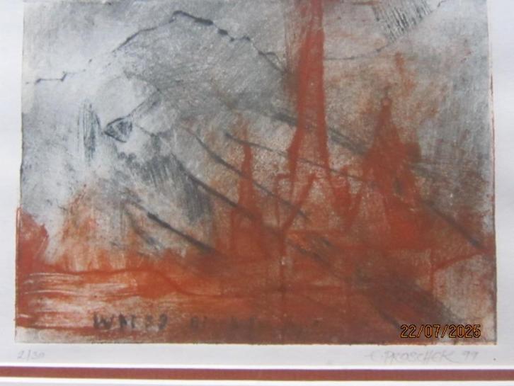 Gekleurde ETS gesigneerd Prochek, Antiek en Kunst, Kunst | Etsen en Gravures, Ophalen