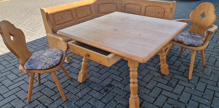 Landelijke vintage Oostenrijkse Duitse Eethoek klep zithoek, Huis en Inrichting, Banken | Complete zithoeken, Gebruikt, Hout, Stof