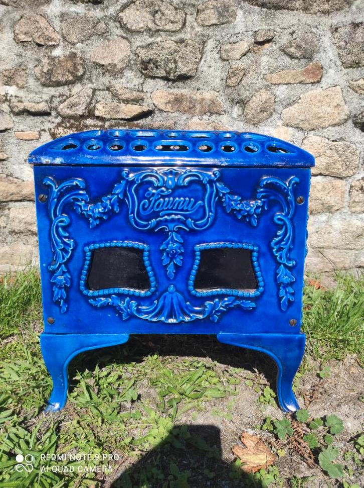 Schitterende blauwe emaille Art-deco houtkachel, Huis en Inrichting, Kachels, Gebruikt, Vrijstaand, Houtkachel, Hout, Ophalen